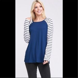 Super Soft Blue/White Stripe Sleeve NWT Raglan Blue Stripe Top